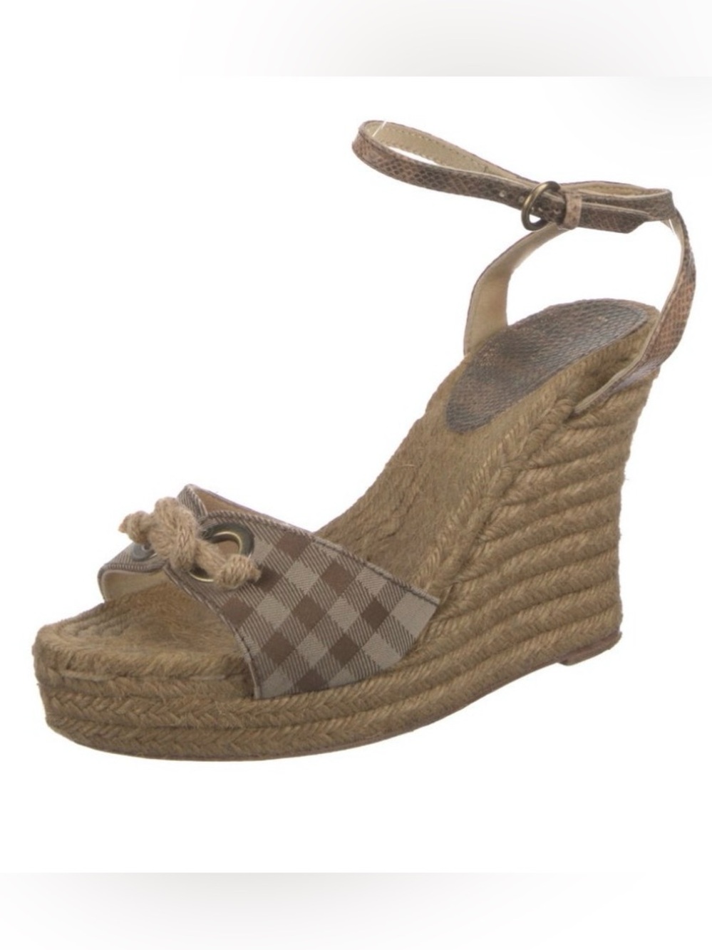 Burberry Nova Check Espadrille Rope Wedge Sandals Brown Size 8